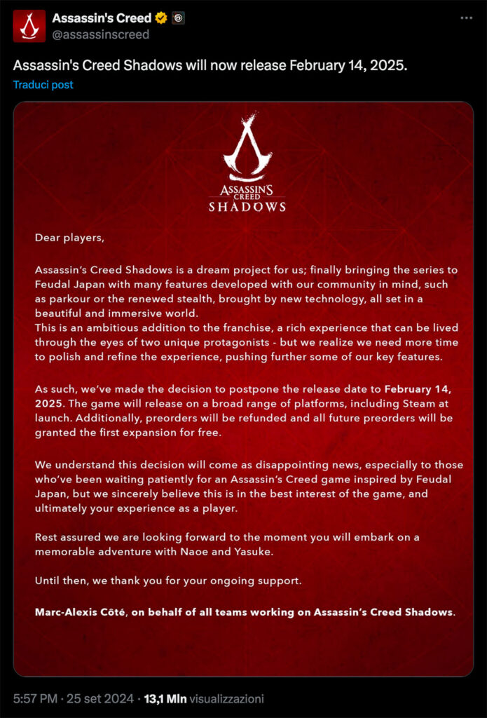 Assassin's Creed Shadows, il post che annuncia il rinvio