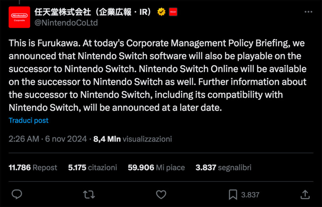 Il presidente di Nintendo Shuntaro Furukawa su X