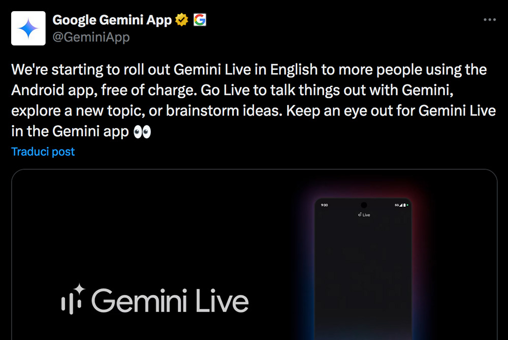 Il post di Google su X su Gemini Live 